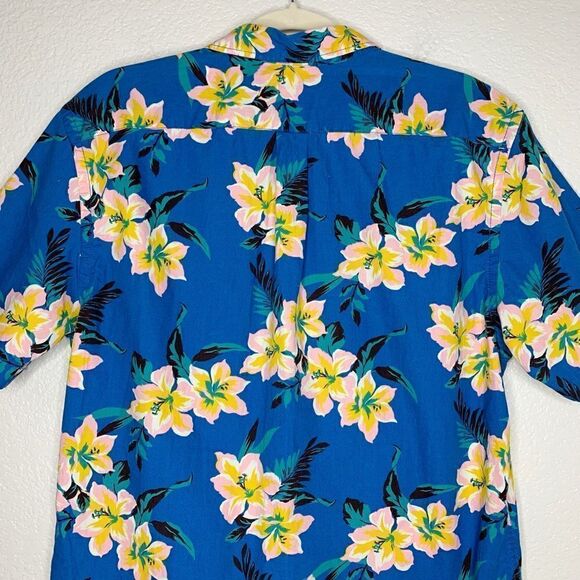 Old Navy Men’s Slim Fit Coupe Blue Hawaiian Short Sleeves Button Down Shirt - Picture 8 of 12